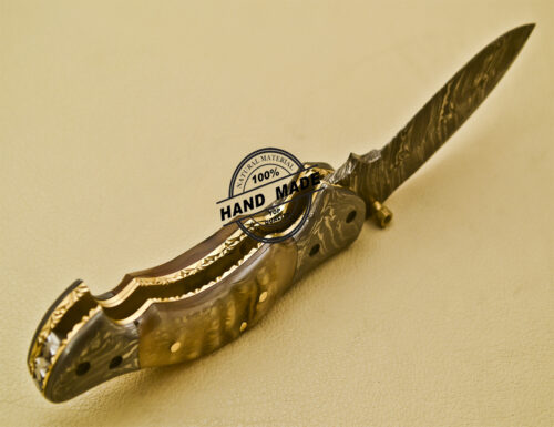 New Damascus Pocket Knife Custom Handmade Damascus Steel Folding Liner Lock Knife with Sheep Horn Handle 940 - Image 7