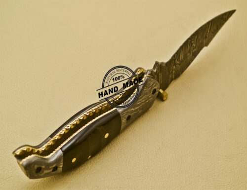 Damascus Pocket Knife Custom Handmade Damascus Steel Folding Liner Lock Knife With Sheaths 941 - Image 7