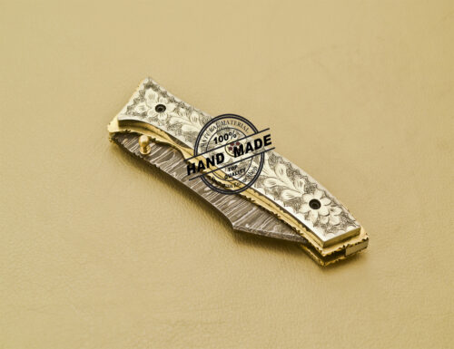 Custom Handmade Engraving Damascus Folding Liner Lock Knife With Copper Handle 944 - Image 7