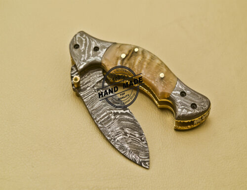 New Damascus Pocket Knife Custom Handmade Damascus Steel Folding Liner Lock Knife with Sheep Horn Handle 940 - Image 8