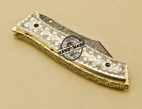 Custom Handmade Engraving Damascus Folding Liner Lock Knife With Copper Handle 944 - Image 8