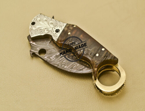 Damascus Folding Karambit Knife Custom Handmade Damascus Steel Hunting Knife 936 - Image 9