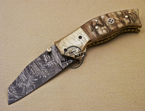 Damascus Folding Knife Custom Handmade Damascus Steel Pocket Damascus Folding knife With Brass Engraving Ram Horn Handle 978 - Image 3