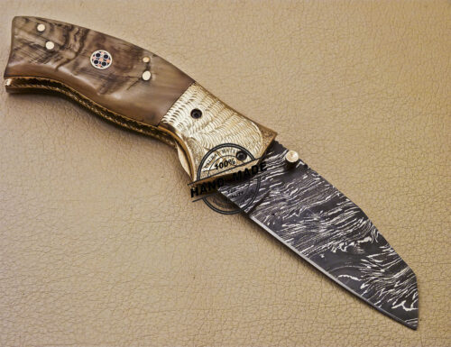 Damascus Folding Knife Custom Handmade Damascus Steel Pocket Damascus Folding knife With Brass Engraving Ram Horn Handle 978 - Image 4