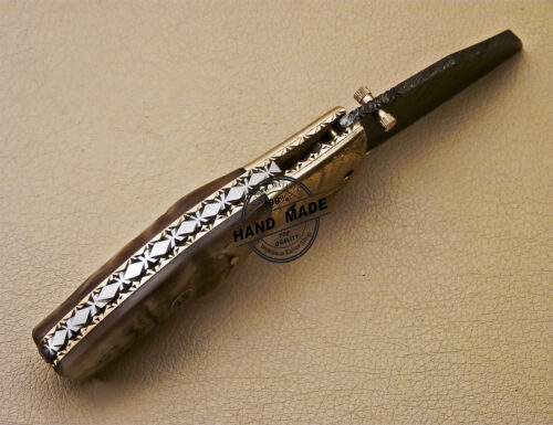 Damascus Folding Knife Custom Handmade Damascus Steel Pocket Damascus Folding knife With Brass Engraving Ram Horn Handle 978 - Image 5