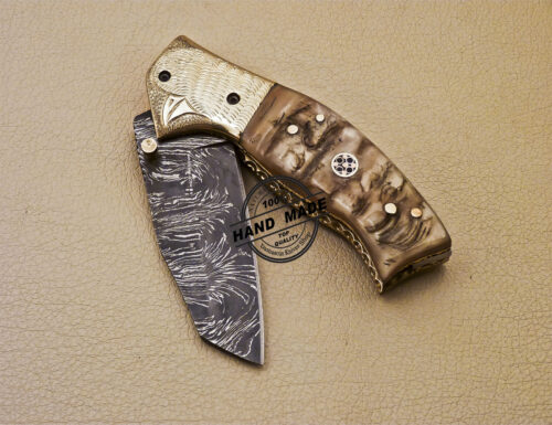 Damascus Folding Knife Custom Handmade Damascus Steel Pocket Damascus Folding knife With Brass Engraving Ram Horn Handle 978 - Image 6