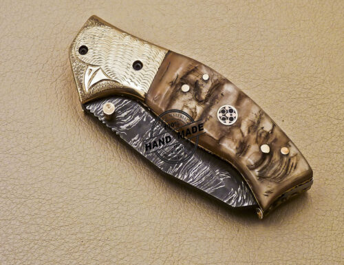 Damascus Folding Knife Custom Handmade Damascus Steel Pocket Damascus Folding knife With Brass Engraving Ram Horn Handle 978 - Image 7