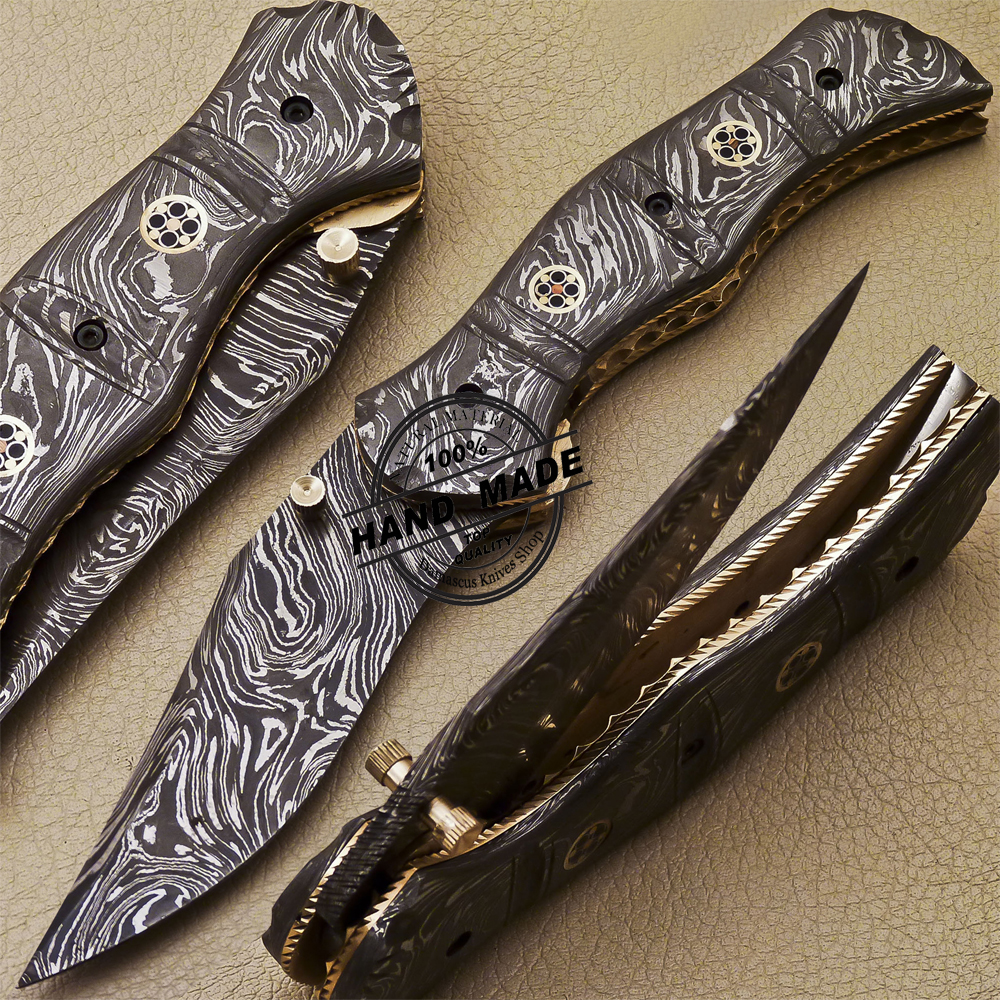 Full Damascus Folding Knife Custom Handmade Damascus Steel