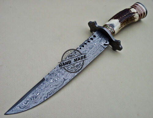 Damascus Bowie Knife Custom Handmade Damascus Steel Hunting Bowie Knife With Stag Handle 1621 - Image 3