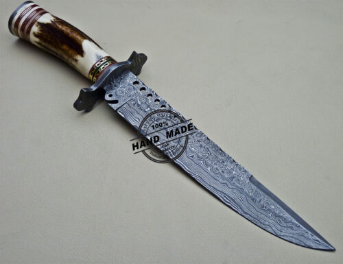 Damascus Bowie Knife Custom Handmade Damascus Steel Hunting Bowie Knife With Stag Handle 1621 - Image 4
