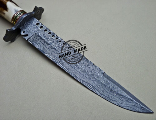 Damascus Bowie Knife Custom Handmade Damascus Steel Hunting Bowie Knife With Stag Handle 1621 - Image 6