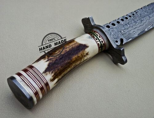 Damascus Bowie Knife Custom Handmade Damascus Steel Hunting Bowie Knife With Stag Handle 1621 - Image 8