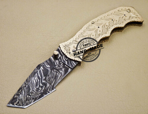 Tracker Damascus Folding Knife Custom Handmade Damascus Steel Knife 1646 - Image 3