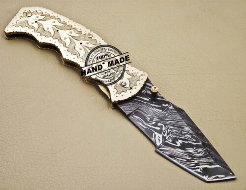 Tracker Damascus Folding Knife Custom Handmade Damascus Steel Knife 1646 - Image 4
