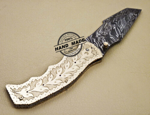 Tracker Damascus Folding Knife Custom Handmade Damascus Steel Knife 1646 - Image 6