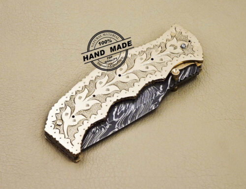 Tracker Damascus Folding Knife Custom Handmade Damascus Steel Knife 1646 - Image 7