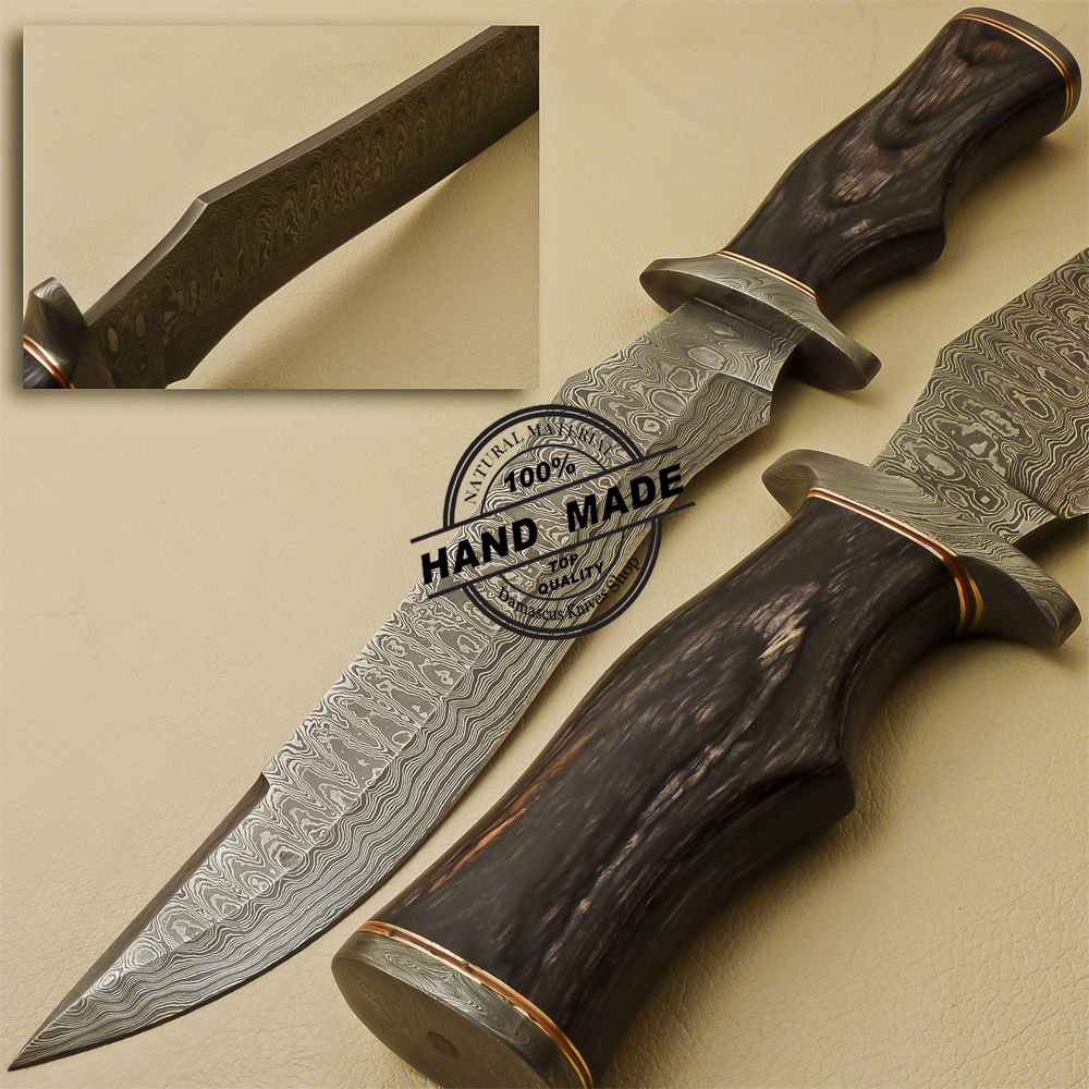 Custom Handmade Damascus Steel Bowie Hunting Knife Natural Wood