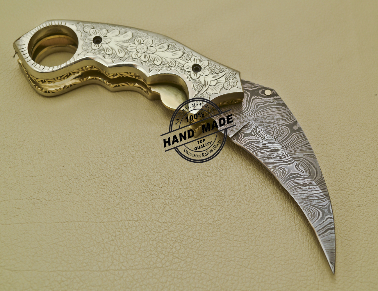 Details about   Damascus steel blade KARAMBIT POCKET KNIFE ,Engraved nickle silver bolster 