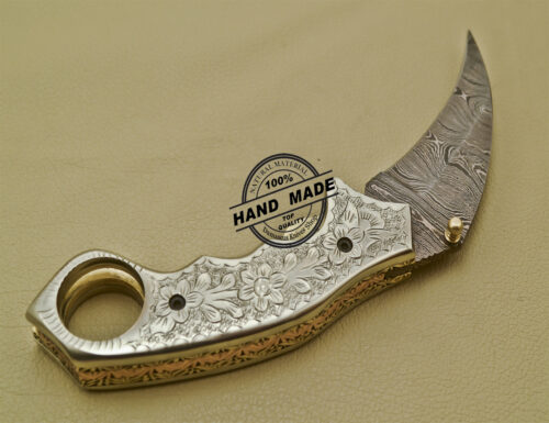 Damascus Karambit Folding Knife Custom Handmade Damascus Steel Pocket Knife 1684 - Image 6