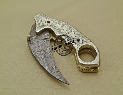 Damascus Karambit Folding Knife Custom Handmade Damascus Steel Pocket Knife 1684 - Image 3