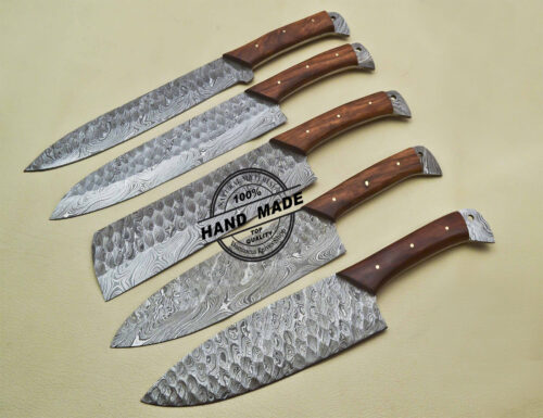 Lot Of 5 PCs Damascus Kitchen Set Custom Handmade Damascus Steel Kitchen Set 1914 - Image 3