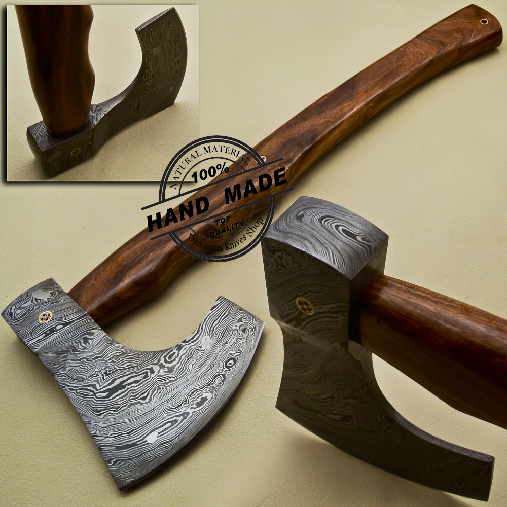 DAMASCUS Steel BLADE FUNCTIONAL TOMAHAWK,AXE,HAND CARVED ROSE WOOD HANDLE. 