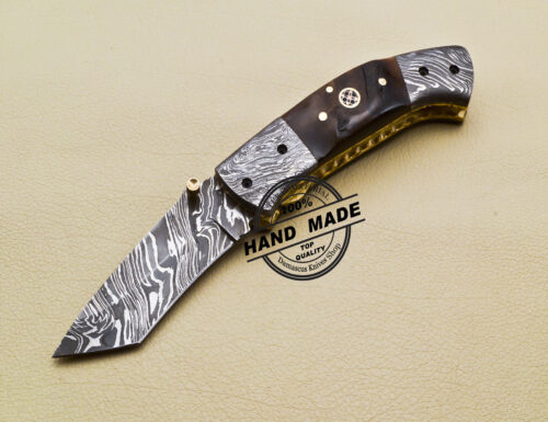 Tanto Damascus Folding Knife Custom Handmade Damascus Steel Knife 2063 - Image 3