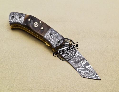 Tanto Damascus Folding Knife Custom Handmade Damascus Steel Knife 2063 - Image 4