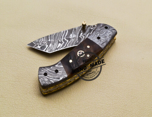 Tanto Damascus Folding Knife Custom Handmade Damascus Steel Knife 2063 - Image 7