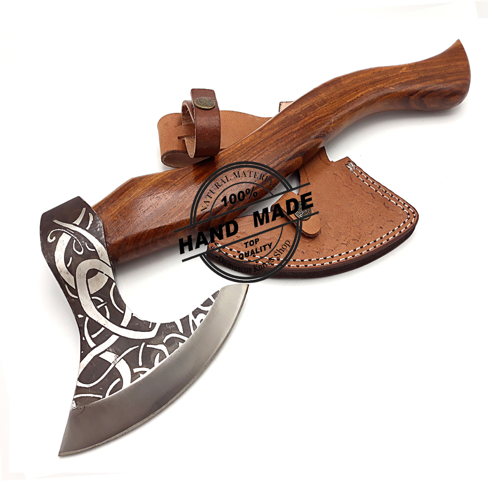Etching Blade Handmade Viking Tomahawk Throwing Hunting Axe Rose wood Handle Forged Steel Blade Leather Cover Size 40.64 cm 16 Inches