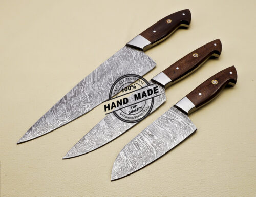 Lot Of 3 Damascus Kitchen Knives Custom Handmade Damascus Knives - Image 3