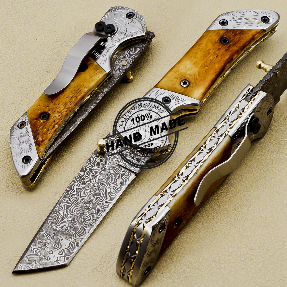 Tanto Damascus Folding Knife