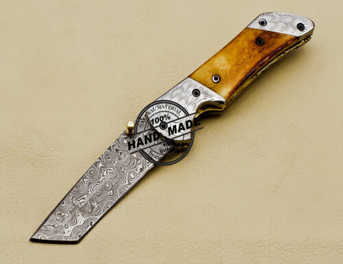 Tanto Damascus Folding Knife Handmade Damascus Steel Knife 3165 - Image 3
