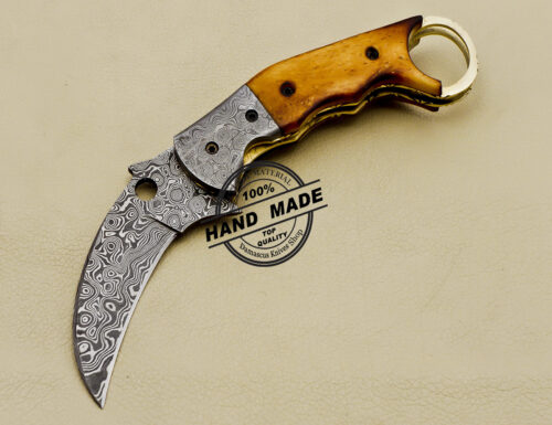 Damascus Folding Karambit Knife Handmade Damascus Steel Pocket Knife 3166 - Image 2