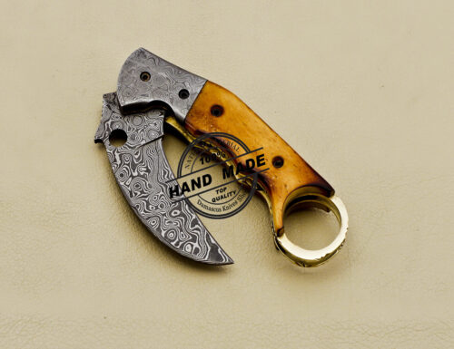 Damascus Folding Karambit Knife Handmade Damascus Steel Pocket Knife 3166 - Image 5