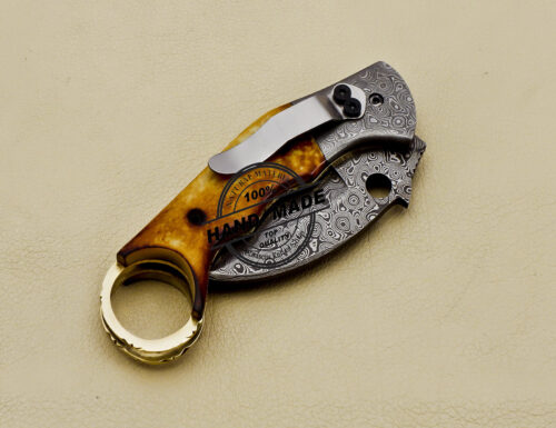 Damascus Folding Karambit Knife Handmade Damascus Steel Pocket Knife 3166 - Image 6