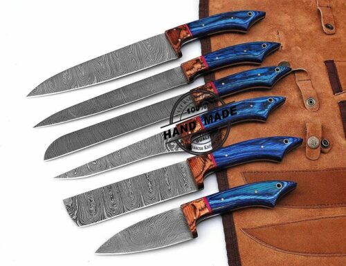 Damascus Kitchen Set Custom Handmade Damascus Steel Knives 3195 - Image 5