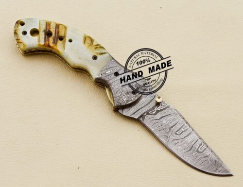 Damascus Folding Knife Custom Handmade Damascus Steel Knife 3202 - Image 3
