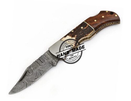 Custom Handmade Damascus Steel Folding Knife, Back Lock, Personalized Engraved, Leather Sheath, EDC Pocket Knife - Image 3
