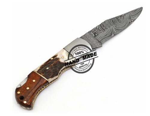 Custom Handmade Damascus Steel Folding Knife, Back Lock, Personalized Engraved, Leather Sheath, EDC Pocket Knife - Image 4