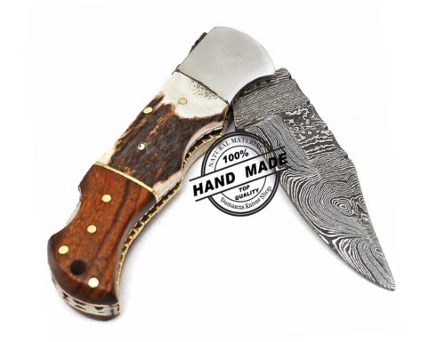 Custom Handmade Damascus Steel Folding Knife, Back Lock, Personalized Engraved, Leather Sheath, EDC Pocket Knife - Image 5