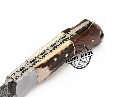 Custom Handmade Damascus Steel Folding Knife, Back Lock, Personalized Engraved, Leather Sheath, EDC Pocket Knife - Image 6