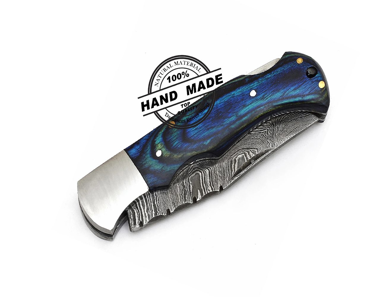 knife 6.5 Blue Wood Damascus Steel Pocket Knife Folding Pocket