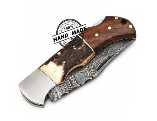 Custom Handmade Damascus Steel Folding Knife, Back Lock, Personalized Engraved, Leather Sheath, EDC Pocket Knife - Image 7