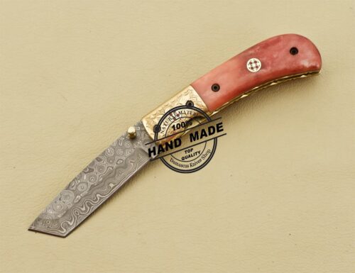 Tanto Blade Damascus Pocket Knife Custom Handmade Damascus Steel Folding Knife 3221 - Image 2
