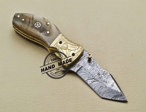 Tanto Blade Damascus Pocket Knife Custom Handmade Damascus Knife 3225 - Image 2
