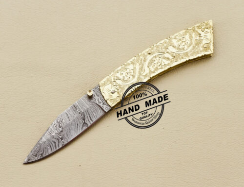 Damascus Folding Knife Damascus Steel Pocket Knife Handmade Engraving on Brass Handle 3210 - Image 2