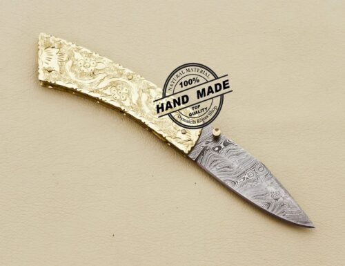 Damascus Folding Knife Damascus Steel Pocket Knife Handmade Engraving on Brass Handle 3210 - Image 3