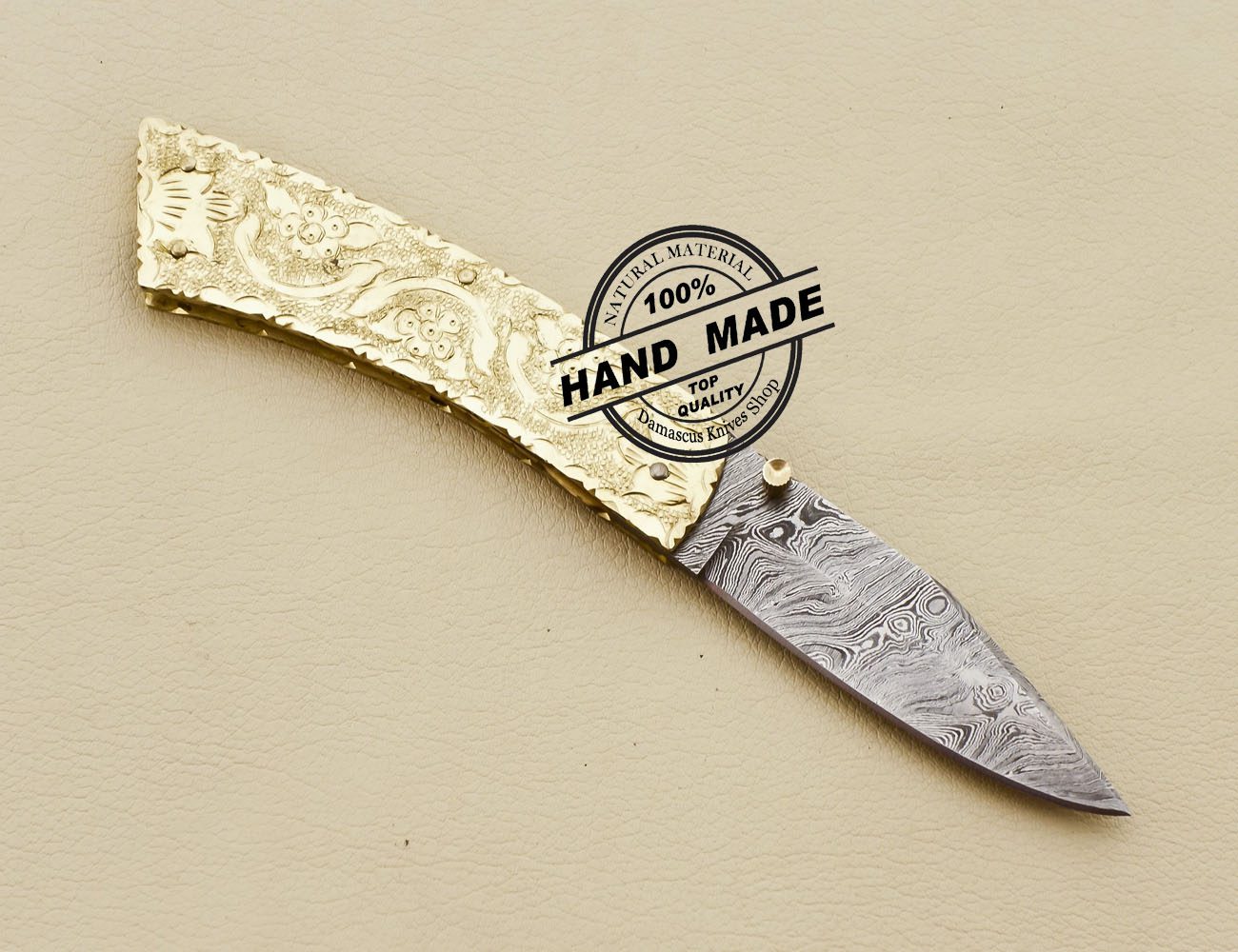 Unique Handmade Golden Fish Engraved Pocket Knife Damascus Folding