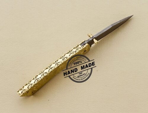 Damascus Folding Knife Damascus Steel Pocket Knife Handmade Engraving on Brass Handle 3210 - Image 4